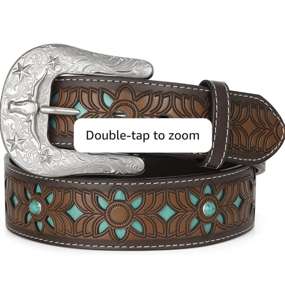 New Western Brown & Turquoise Leather  Floral Engraved Belt In Various Size - Picture 5 of 5